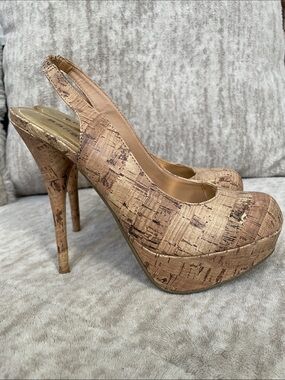 BAMBOO Cork-Texture Slingback Platform Pumps - Natural Tan
